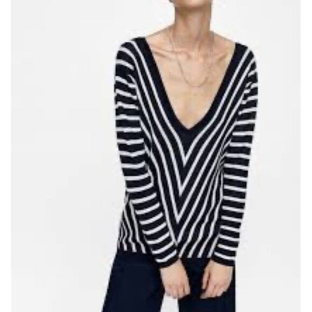 ZARA Nautical Preppy Deep V Neck Top sz S Long Sleeve Vacation Sailing